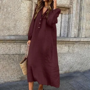Women’s Cotton Linen V-Neck Long Sleeve Button Elegant Summer Dress