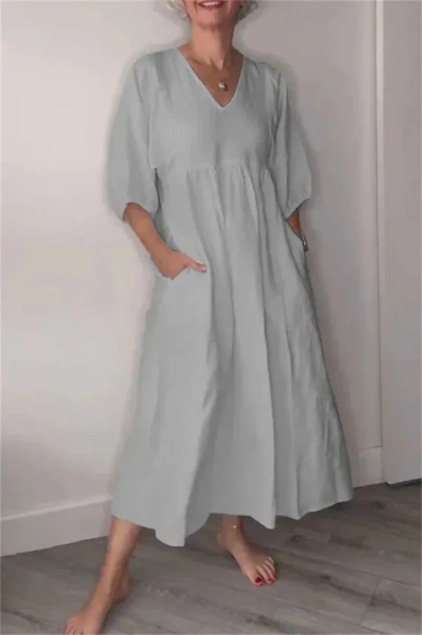 Spring Summer Cotton Linen V-Neck Pleated Casual Pocket Dress - Image 5