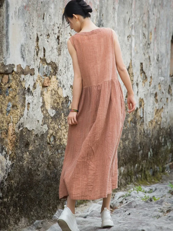 Summer Cotton Linen V-Neck Tie Dye Vintage Loose Long Dress - Image 4