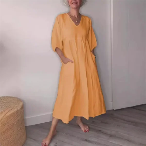 Spring Summer Cotton Linen V-Neck Pleated Casual Pocket Dress - Image 6