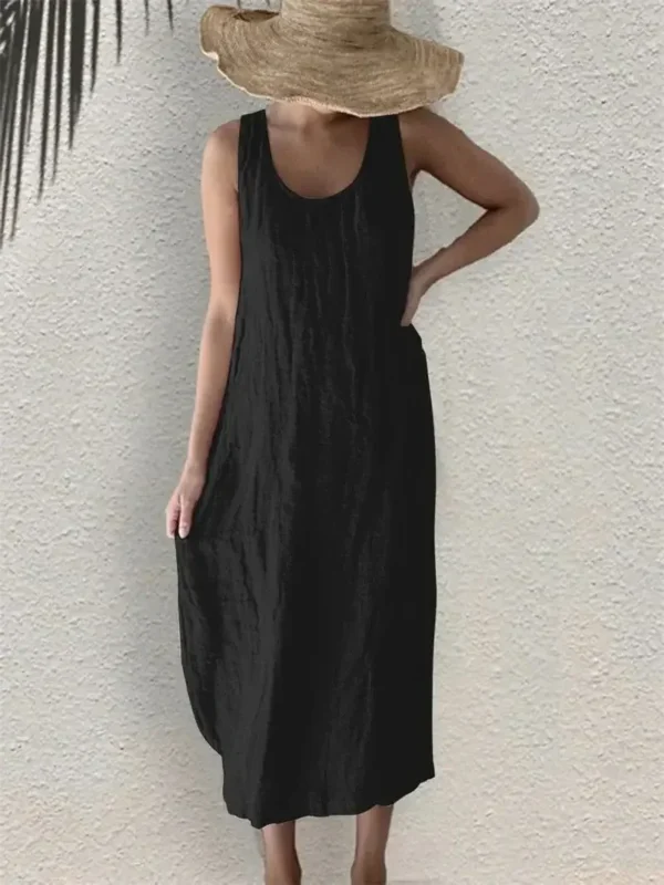 Women’s Cotton Linen Sleeveless Solid Pocket Dress Summer 2025 - Image 6