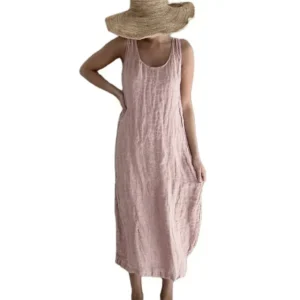 Women’s Cotton Linen Sleeveless Solid Pocket Dress Summer 2025