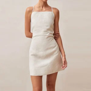 Summer Cotton Linen Halter Sleeveless Backless Slim Beach Dress Women