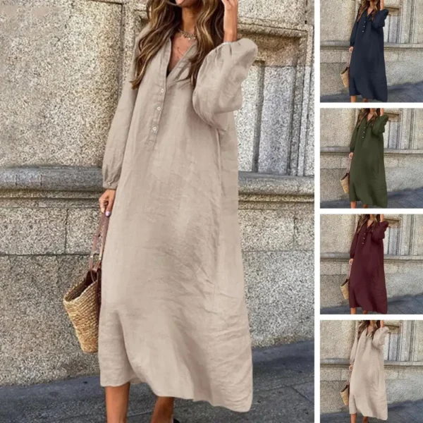 Women’s Cotton Linen V-Neck Long Sleeve Button Elegant Summer Dress - Image 2