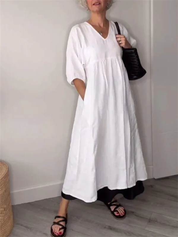 Spring Summer Cotton Linen V-Neck Pleated Casual Pocket Dress - Image 3