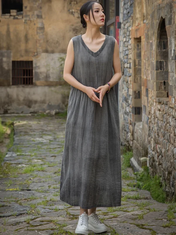 Summer Cotton Linen V-Neck Tie Dye Vintage Loose Long Dress - Image 5