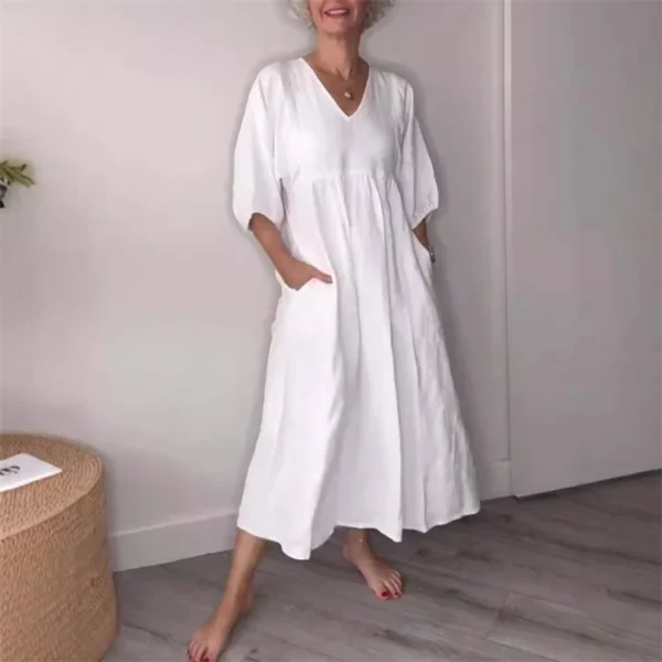 Spring Summer Cotton Linen V-Neck Pleated Casual Pocket Dress - Image 2