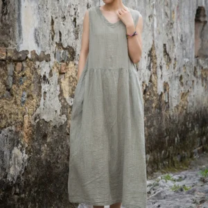 Summer Cotton Linen V-Neck Tie Dye Vintage Loose Long Dress