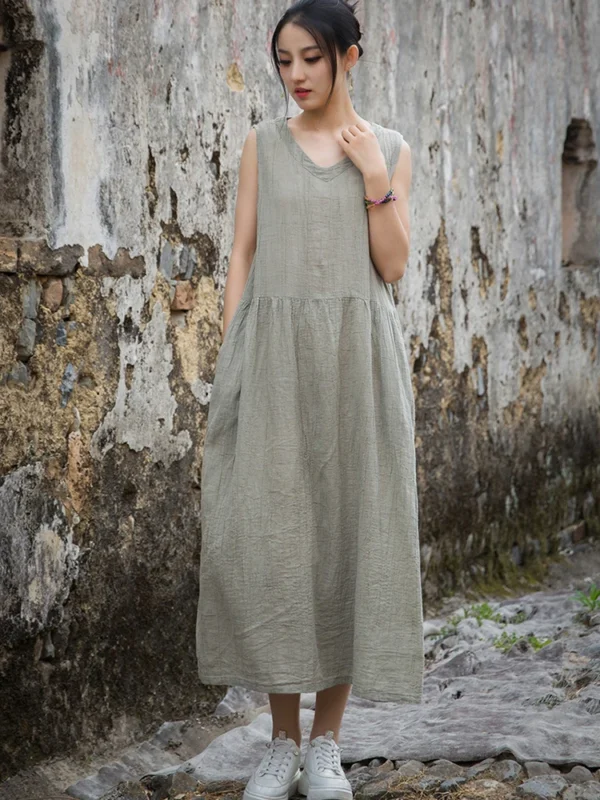 Summer Cotton Linen V-Neck Tie Dye Vintage Loose Long Dress