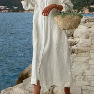 Summer Cotton Linen Shirt Dress Women Sun Protection Wear
