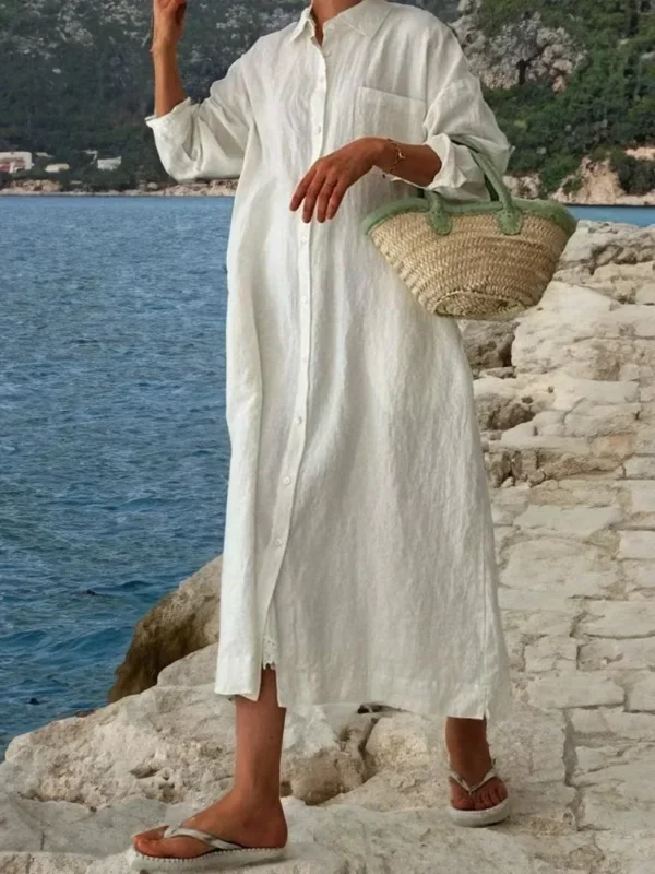 Summer Cotton Linen Shirt Dress Women Sun Protection Wear
