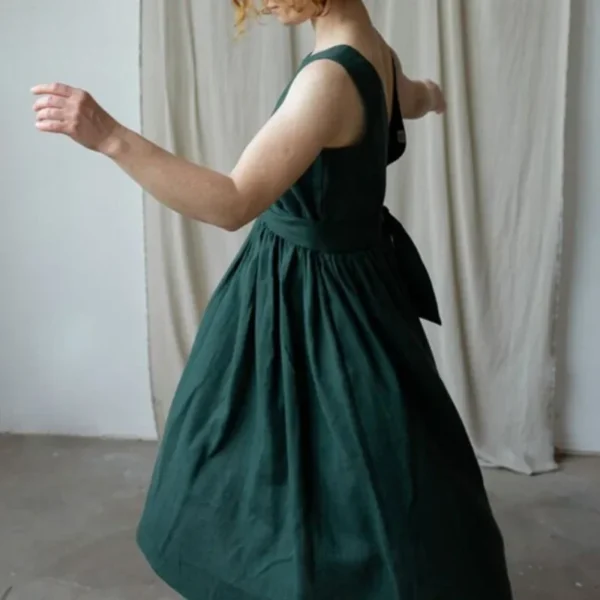 Elegant Backless Linen Sundress With Belt Summer Sleeveless Dress - Image 2