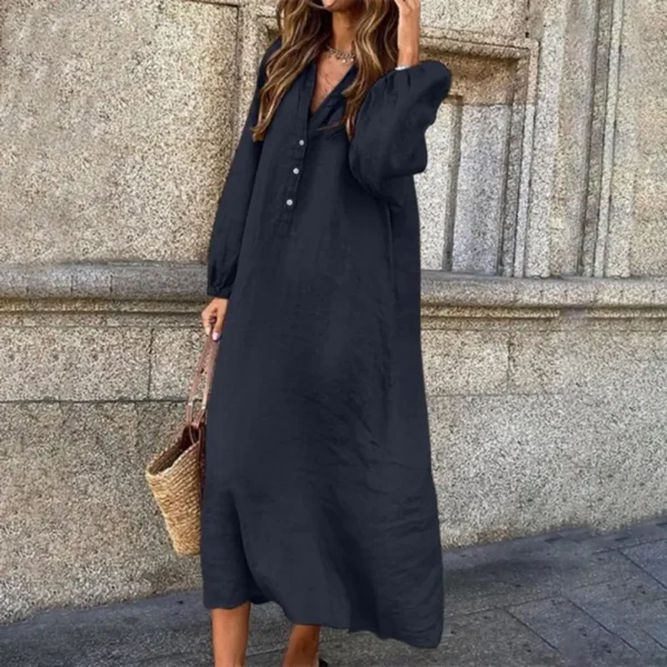 Women’s Cotton Linen V-Neck Long Sleeve Button Elegant Summer Dress - Image 3