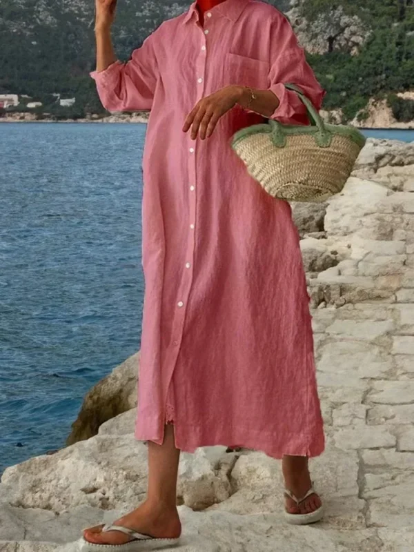 Summer Cotton Linen Shirt Dress Women Sun Protection Wear - Image 2