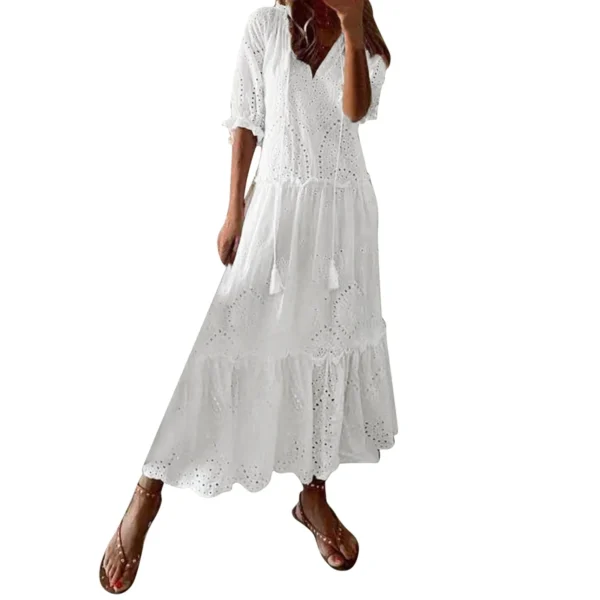 Women’s Boho White Cotton Linen Lace Dress Summer Beach Wear - Image 2