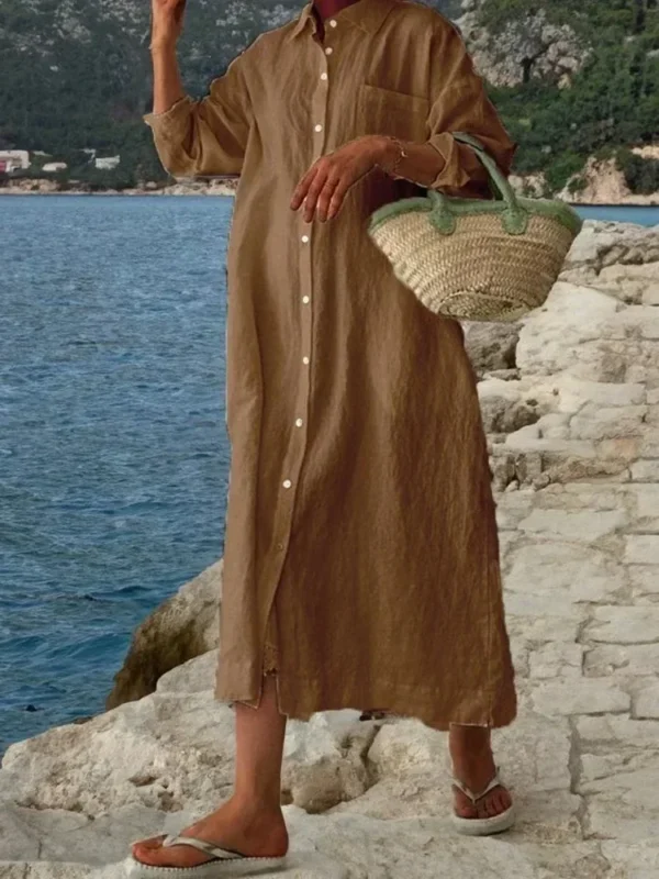 Summer Cotton Linen Shirt Dress Women Sun Protection Wear - Image 4