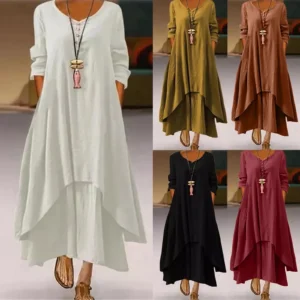 Women’s Elegant Linen Vintage Long Sleeve Loose Autumn Layered Dress