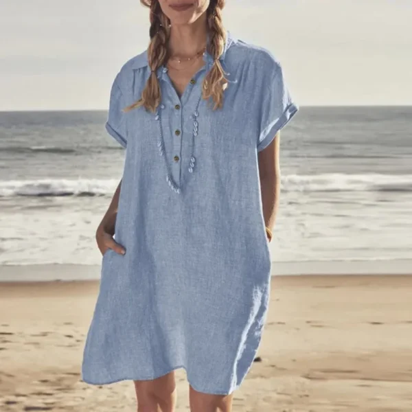 Plus Size Cotton Linen Summer Button Dress With Lapel Pockets - Image 3
