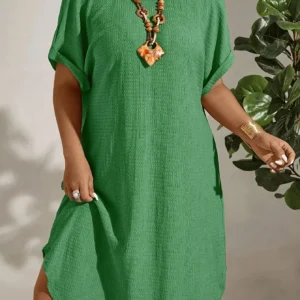 Plus Size Solid Color Casual Dress Women Summer Short Sleeve