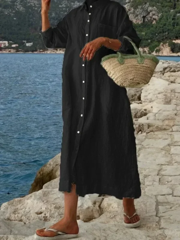 Summer Cotton Linen Shirt Dress Women Sun Protection Wear - Image 3