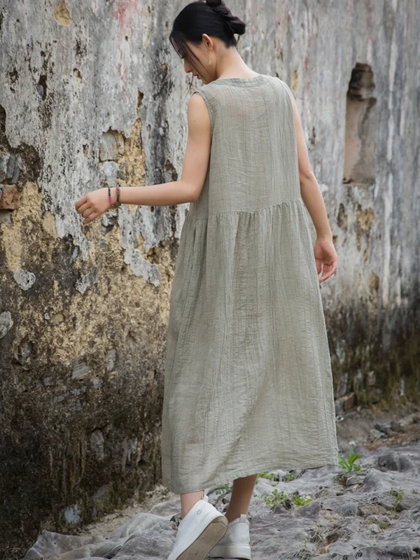 Summer Cotton Linen V-Neck Tie Dye Vintage Loose Long Dress - Image 2