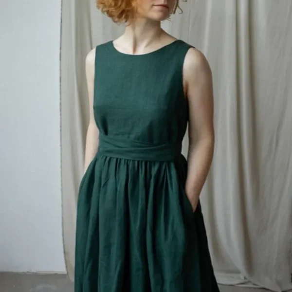 Elegant Backless Linen Sundress With Belt Summer Sleeveless Dress - Image 3