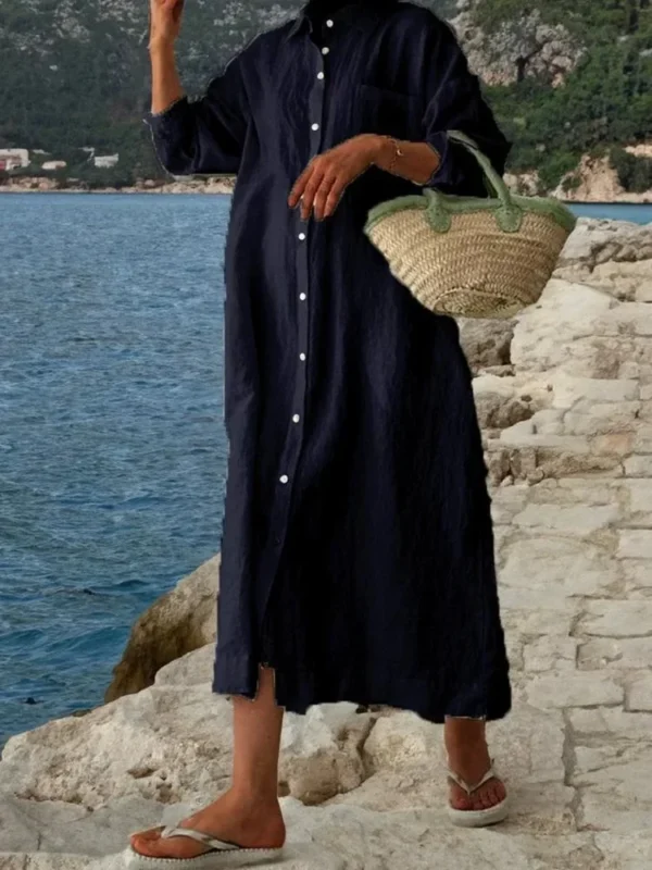 Summer Cotton Linen Shirt Dress Women Sun Protection Wear - Image 5
