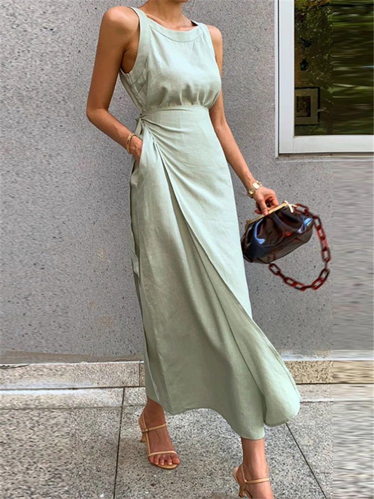 Summer Cotton Linen Women’s Sleeveless Lace-Up Maxi Beach Dress - Image 2