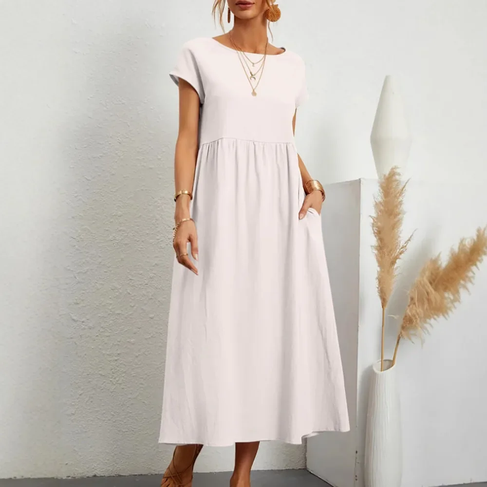 Women’s Loose Cotton Linen Sleeveless Dress Floor-Length Pocket Gown - Image 3