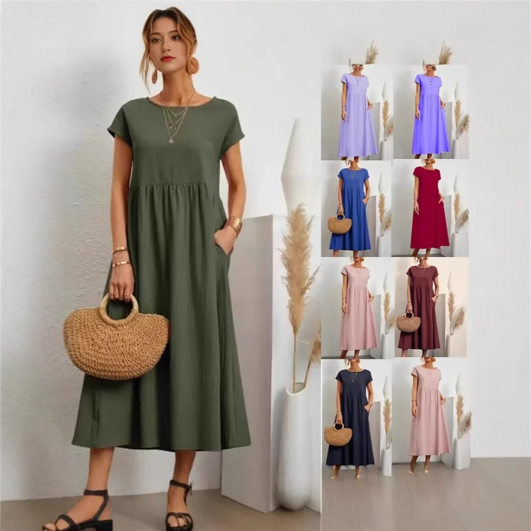 Women’s Loose Cotton Linen Sleeveless Dress Floor-Length Pocket Gown