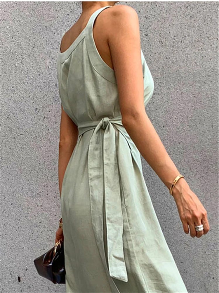Summer Cotton Linen Women’s Sleeveless Lace-Up Maxi Beach Dress - Image 5
